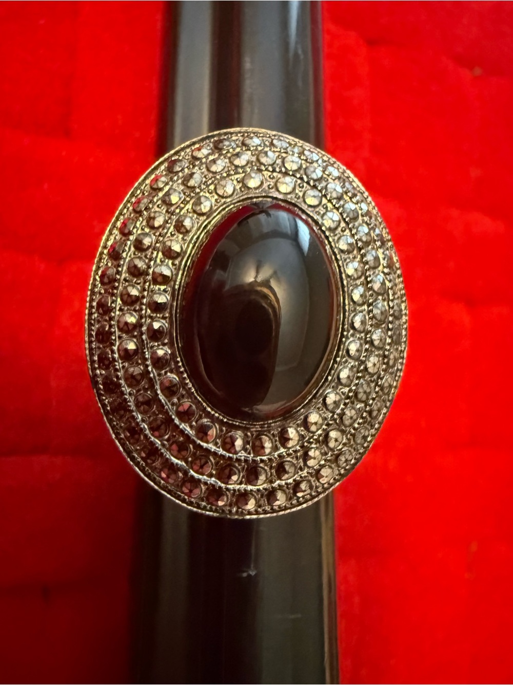 Silvertone Vintage Black Oval Stone Statement Ring - Women Jewelry